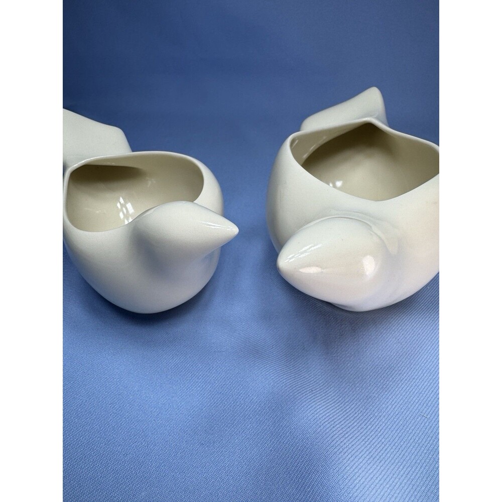 2 White Ceramic Abstract Dove Planters Clean Lines, MCM, Signed l&m, Minimalist